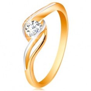 Šperky eshop - Zlatý prsteň 585 - číry zirkón, dvojfarebné, rozdelené a zvlnené ramená GG190.56/63 - Veľkosť: 58 mm