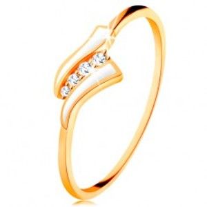 Šperky eshop - Zlatý prsteň 585 - dve biele vlnky, línia čírych zirkónov, lesklé ramená GG133.05/31/34 - Veľkosť: 49 mm