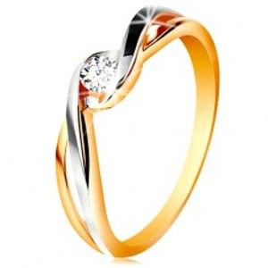 Šperky eshop - Zlatý prsteň 585 - dvojfarebné, rozdelené a zvlnené ramená, číry zirkón GG197.01/06 - Veľkosť: 49 mm
