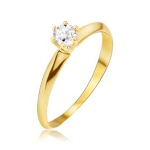 Šperky eshop - Zlatý prsteň 585 - lesklé hladké skosené ramená, číry kamienok GG14.36 - Veľkosť: 49 mm