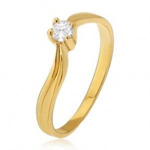 Šperky eshop - Zlatý prsteň 585 - lesklé zvlnené ramená, priehlbina, číry kamienok GG14.41 - Veľkosť: 49 mm