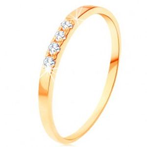 Šperky eshop - Zlatý prsteň 585 - línia štyroch čírych briliantov, tenké lesklé ramená BT500.32/38 - Veľkosť: 58 mm