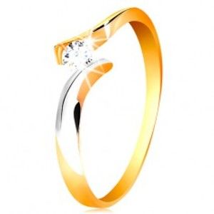 Zlatý prsteň 585 - okrúhly číry zirkón, dvojfarebné a zvlnené ramená - Veľkosť: 54 mm