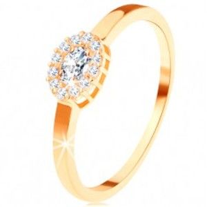 Šperky eshop - Zlatý prsteň 585 - oválny číry zirkón lemovaný okrúhlymi zirkónikmi GG112.47/113.01/06 - Veľkosť: 49 mm