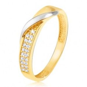 Šperky eshop - Zlatý prsteň 585 - pás drobných čírych zirkónov, zvlnená línia v bielom zlate GG11.53 - Veľkosť: 52 mm