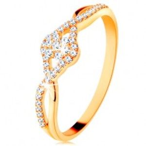 Šperky eshop - Zlatý prsteň 585 - prepletené rozdvojené ramená, číry zirkónový kvietok GG131.08/27/31 - Veľkosť: 59 mm