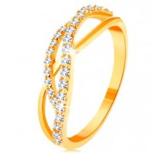Šperky eshop - Zlatý prsteň 585 - prepletené vlnky - jedna hladká a dve zirkónové GG130.04/130.11/16 - Veľkosť: 49 mm