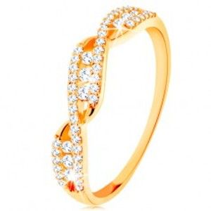 Šperky eshop - Zlatý prsteň 585 - prepletené zvlnené ramená, okrúhle číre zirkóny GG130.07/43/48 - Veľkosť: 60 mm