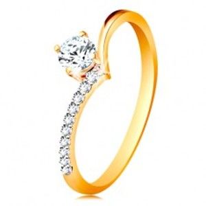Šperky eshop - Zlatý prsteň 585 - ramená zahnuté do špica a zirkón čírej farby v kotlíku GG196.65/73 - Veľkosť: 50 mm