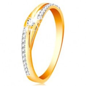 Šperky eshop - Zlatý prsteň 585 - rozdelené línie ramien, trblietavé pásy a číry zirkón GG200.31/35 - Veľkosť: 62 mm