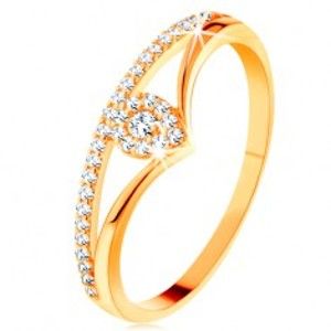 Šperky eshop - Zlatý prsteň 585 - rozdvojené zahnuté ramená, číra zirkónová kvapka GG130.08/49/53 - Veľkosť: 59 mm