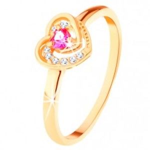 Šperky eshop - Zlatý prsteň 585 - ružové zirkónové srdiečko v dvojitom obryse GG111.41/47 - Veľkosť: 52 mm