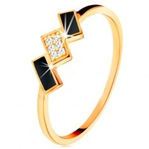 Šperky eshop - Zlatý prsteň 585 - šikmé obdĺžniky zdobené čiernou glazúrou a zirkónmi GG132.08/27/31 - Veľkosť: 59 mm