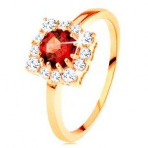 Šperky eshop - Zlatý prsteň 585 - štvorcový zirkónový obrys, okrúhly červený granát GG127.10/127.41/45 - Veľkosť: 57 mm