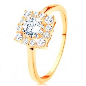 Šperky eshop - Zlatý prsteň 585 - štvorcový zirkónový obrys, okrúhly číry zirkón v strede GG127.09/127.35/40 - Veľkosť: 59 mm