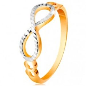 Šperky eshop - Zlatý prsteň 585 - symbol nekonečna zdobený bielym zlatom a zárezmi GG193.01/07 - Veľkosť: 56 mm