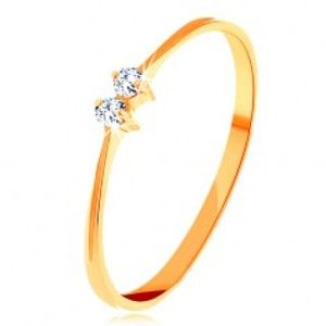 Šperky eshop - Zlatý prsteň 585 - tenké lesklé ramená, dva žiarivé zirkóniky čírej farby GG156.57/63 - Veľkosť: 52 mm