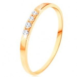 Šperky eshop - Zlatý prsteň 585 - tenké lesklé ramená, línia štyroch čírych zirkónikov GG111.20/26 - Veľkosť: 65 mm