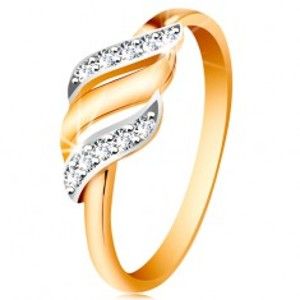 Šperky eshop - Zlatý prsteň 585 - tri vlnky z bieleho a žltého zlata, trblietavé číre zirkóny GG190.48/55 - Veľkosť: 59 mm