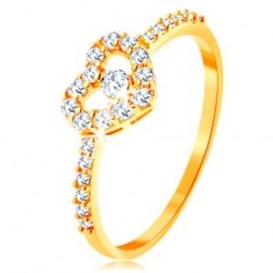 Šperky eshop - Zlatý prsteň 585 - zirkónové ramená, ligotavý číry obrys srdca so zirkónom GG129.08/129.21/26/129.35 - Veľkosť: 61 mm