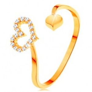 Šperky eshop - Zlatý prsteň 585 - zvlnené ramená ukončené obrysom srdca a plným srdiečkom GG154.36/42 - Veľkosť: 50 mm