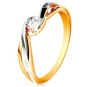 Zlatý prsteň 585 - dvojfarebné, rozdelené a zvlnené ramená, číry zirkón - Veľkosť: 52 mm