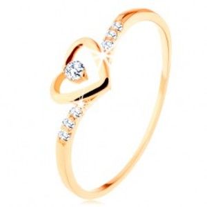 Šperky eshop - Zlatý prsteň 585, kontúra srdca s čírym zirkónikom, zdobené ramená GG125.06/125.20/125.24 - Veľkosť: 60 mm