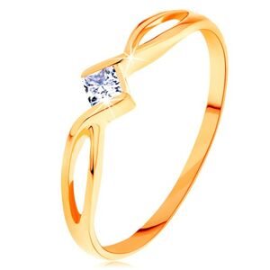 Zlatý prsteň 585 - prepletené rozdvojené ramená, číry zirkónový štvorček - Veľkosť: 54 mm