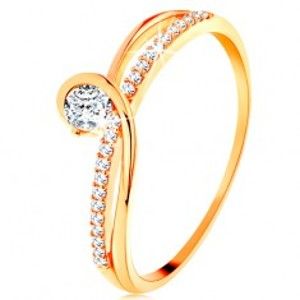 Šperky eshop - Zlatý prsteň 585 s rozdelenými prepletenými ramenami, číry zirkón GG131.05/47/51 - Veľkosť: 59 mm