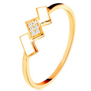 Zlatý prsteň 585 - šikmé obdĺžniky pokryté bielou glazúrou a zirkónmi - Veľkosť: 61 mm