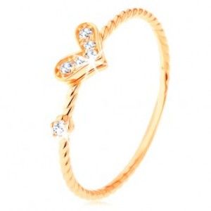 Šperky eshop - Zlatý prsteň 585, špirálovito zatočené ramená, trblietavé srdiečko, zirkón GG125.08/125.34/125.40 - Veľkosť: 60 mm