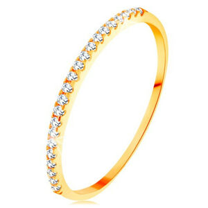 Zlatý prsteň 585 - tenké lesklé ramená, ligotavá zirkónová línia čírej farby - Veľkosť: 48 mm
