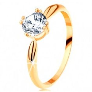 Šperky eshop - Zlatý zásnubný prsteň 585 - zaoblené ramená, žiarivý okrúhly zirkón čírej farby GG113.35/41 - Veľkosť: 62 mm