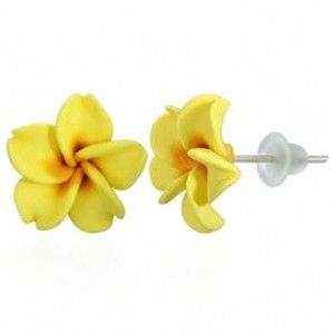 Šperky eshop - Žlté Fimo náušnice - tvar kvet Plumeria AA04.27